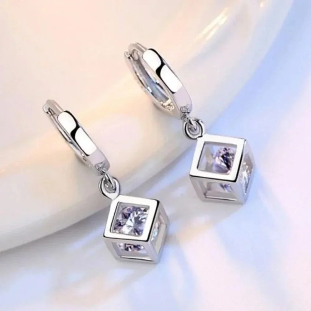 925 Sterling Silver Caged Diamond Cube Earrings